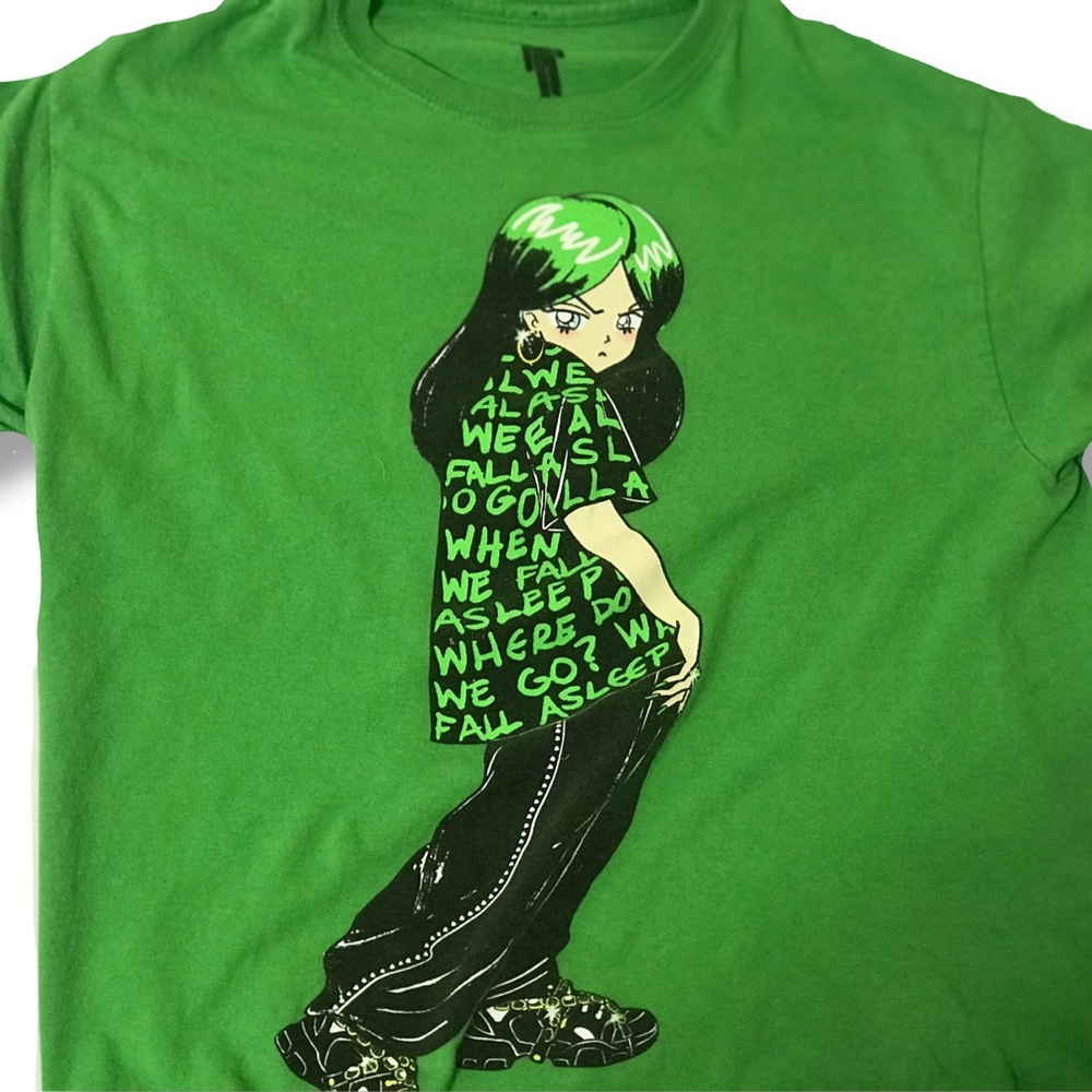 WOMANS BILLIE EILLISH NEON GREEN ANIME CUTE T-SHIRT SIZE MEDIUM
